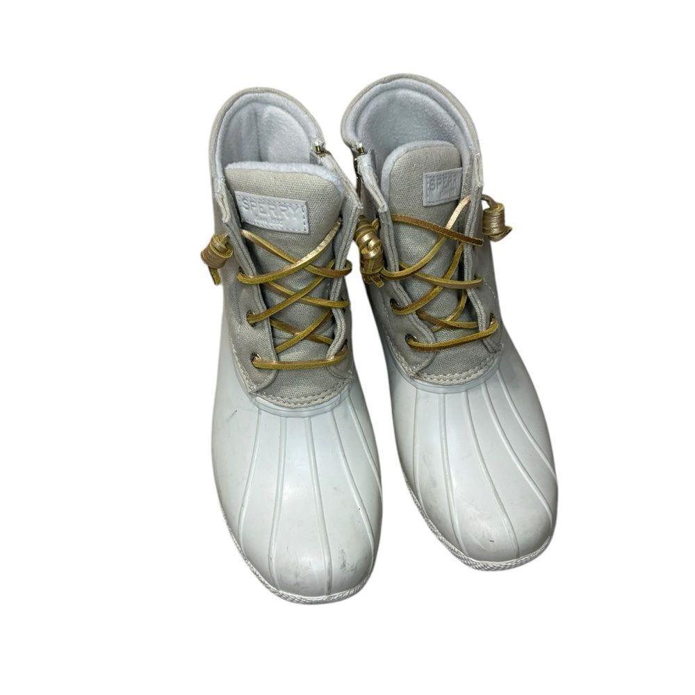Sperry Saltwater Duck Booties, oat and gold off white snow and rain boots 8.5